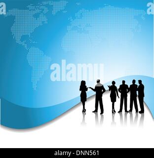 Silhouette of a group of business people on a world map background Stock Vector