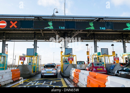 Toll booths on the bridge over the River Severn between England & Wales, UK. Second crossing newer bridge tolls. Stock Photo