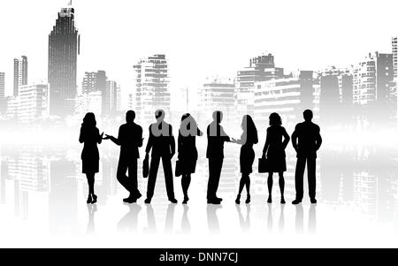 Silhouettes of business people against grunge city background Stock Vector