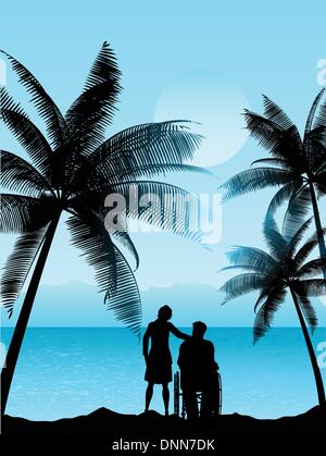 Silhouette of a man in a wheelchair with a woman in a tropical landscape Stock Vector