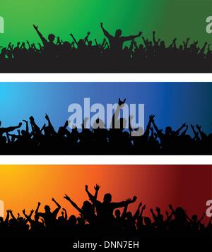 Collection of three different crowd scenes on colourful backgrounds Stock Vector