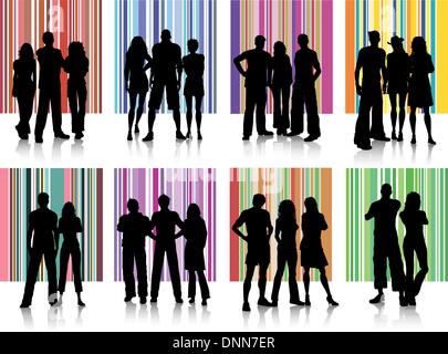 Silhouettes of various groups of people on retro backgrounds Stock Vector