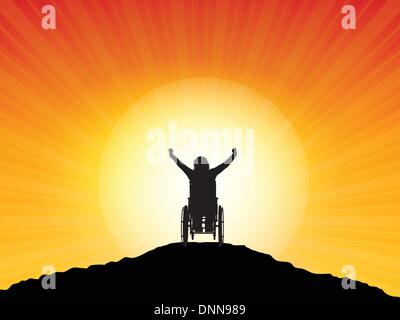 Silhouette of a woman in a wheelchair with her arms raised in success Stock Vector