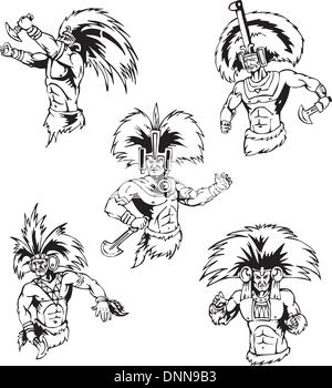 Native American Indian Shamans. Set of black and white vector illustrations. Stock Vector