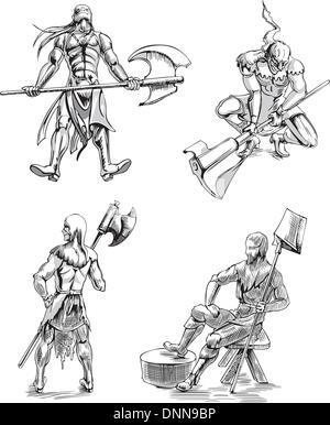 Old-Time Executioner Sketches. Set of black and white vector illustrations. Stock Vector