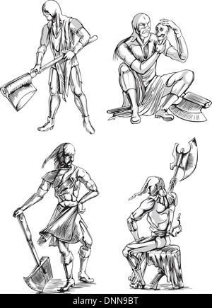 Old-Time Executioner Sketches. Set of black and white vector illustrations. Stock Vector
