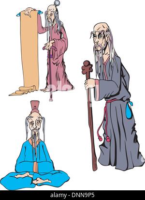 Oriental Old Men. Set of Color Vector Illustrations. Stock Vector