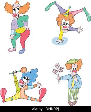 Funny and happy clowns. Set of color vector illustrations. Stock Vector