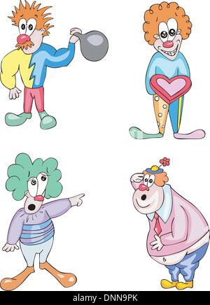 Funny and happy clowns. Set of color vector illustrations. Stock Vector