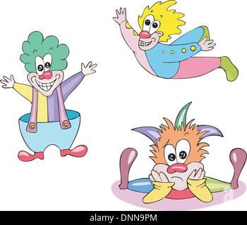 Funny and happy clowns. Set of color vector illustrations. Stock Vector