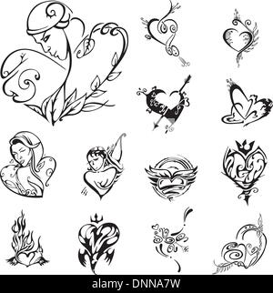 Stylized heart designs. Set of black and white vector illustrations. Stock Vector
