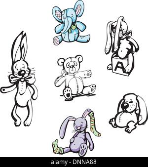 Soft child's toys. Set of color and black/white vector illustrations. Stock Vector