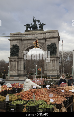 The farmers market at Grand Army Plaza by Prospect Park in Brooklyn, New York. Root veggies are the primary winter veggies sold. Stock Photo