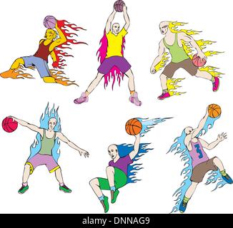 Basketball players with flames. Set of color vector illustrations. Stock Vector