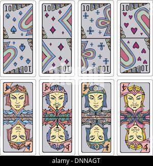 Tens and Jacks of playing cards. Fully original hand-drawn artistic set of color vector illustrations. Stock Vector