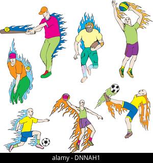 Miscellaneous Sportsmen with flames. Set of color vector illustrations. Stock Vector