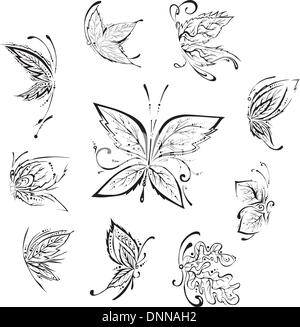 Stylized butterflies. Set of black and white vector illustrations. Stock Vector