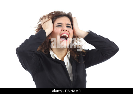 Bankrupt businesswoman crying desolated isolated on a white background Stock Photo
