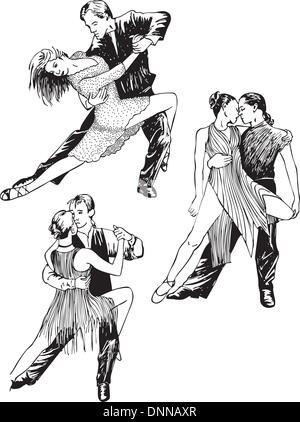 Dancing couples. Set of black and white vector illustrations. Stock Vector