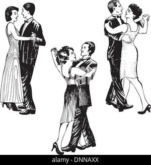 Dancing couples. Set of black and white vector illustrations. Stock Vector