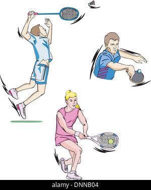 Sports: Tennis, Table tennis and Badminton. Set of color vector illustrations. Stock Vector