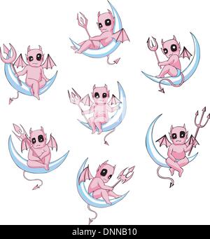Little devils on moon. Set of color vector illustrations in cartoon style. Stock Vector