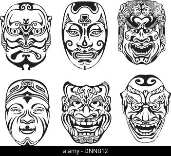 Japanese Nogaku Theatrical Masks. Set of black and white vector illustrations. Stock Vector