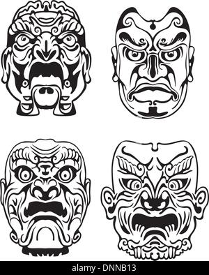 Japanese Noh Theatrical Masks. Set of black and white vector illustrations. Stock Vector