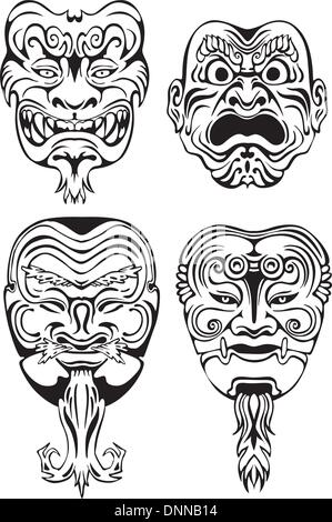 Japanese Noh Theatrical Masks. Set of black and white vector illustrations. Stock Vector