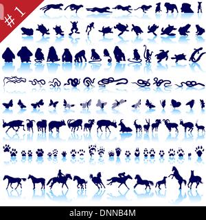 Set of  different animals, birds, insects and fishes  vector silhouettes Stock Vector