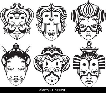 Japanese Tsure Noh Theatrical Masks. Set of black and white vector illustrations. Stock Vector