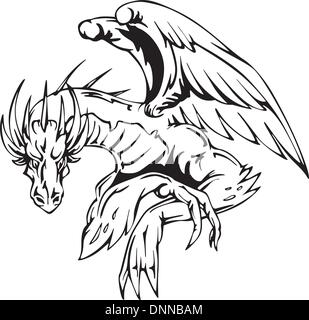 Dragon sitting - tattoo design. EPS vector illustration. Stock Vector