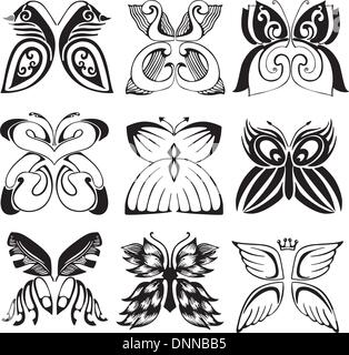 Stylized butterflies. Set of black and white vector illustrations. Stock Vector