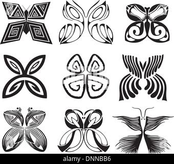 Stylized butterflies. Set of black and white vector illustrations. Stock Vector