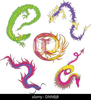 Long japanese dragon worms. Set of color vector illustrations. Stock Vector