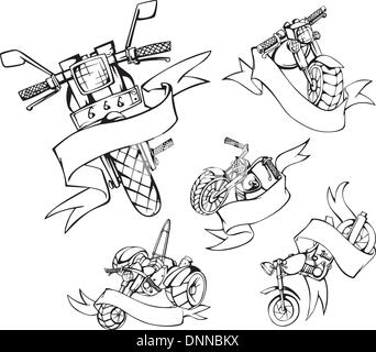 Motorcycle templates with ribbons. Set of black and white vector illustrations. Stock Vector