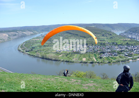 Para-glider taking off over the Rhine river Stock Photo