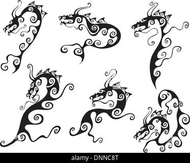 Dragon tattoos. Set of black and white vector illustrations Stock ...