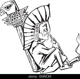 Native shaman smoking tobacco-pipe. Black and white vector illustration. Stock Vector