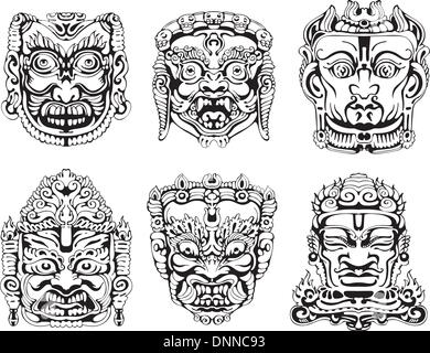 Hindu deity masks. Set of black and white vector illustrations. Stock Vector