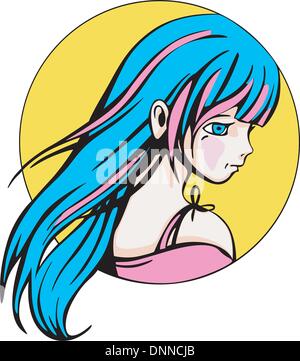 Round portrait of young cute anime girl. Colorful vector illustration. Stock Vector