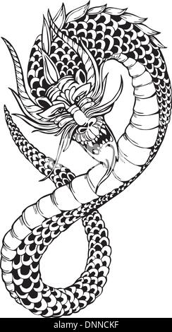 Oriental legless dragon. Black and white vector illustration. Stock Vector