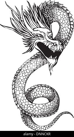 Oriental legless dragon. Black and white vector illustration. Stock Vector