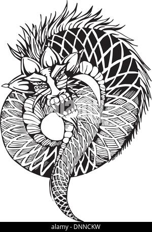 Oriental legless dragon. Black and white vector illustration. Stock Vector