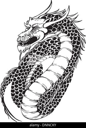 Oriental legless dragon. Black and white vector illustration. Stock Vector