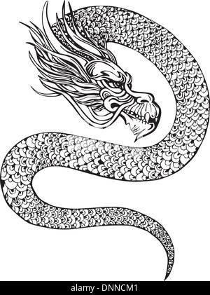 Oriental legless dragon. Black and white vector illustration. Stock Vector