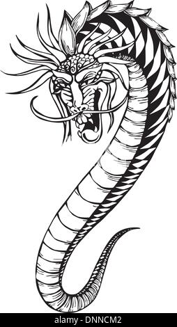 Oriental legless dragon. Black and white vector illustration. Stock Vector