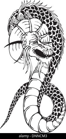 Oriental legless dragon. Black and white vector illustration. Stock Vector