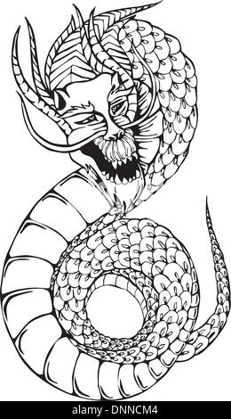 Oriental legless dragon. Black and white vector illustration. Stock Vector