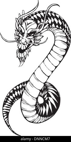 Oriental legless dragon. Black and white vector illustration. Stock Vector